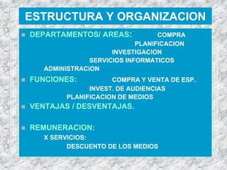 ESTRUCTURA Y ORGANIZACION
 DEPARTAMENTOS/ AREAS: COMPRA
PLANIFICACION
INVESTIGACION
SERVICIOS INFORMATICOS
ADMINISTRACION
 FUNCIONES: COMPRA Y VENTA DE ESP.
INVEST. DE AUDIENCIAS
PLANIFICACION DE MEDIOS
 VENTAJAS / DESVENTAJAS.
 REMUNERACION:
X SERVICIOS:
DESCUENTO DE LOS MEDIOS
 