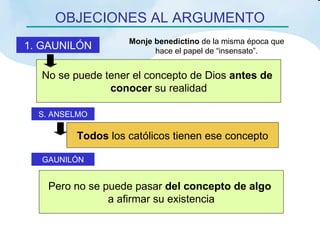 OBJECIONES AL ARGUMENTO 1. GAUNILÓN Monje benedictino  de la misma época que hace el papel de “insensato”. No se puede tener el concepto de Dios  antes de  conocer  su realidad Todos  los católicos tienen ese concepto S. ANSELMO GAUNILÓN Pero no se puede pasar  del concepto de algo   a afirmar su existencia 