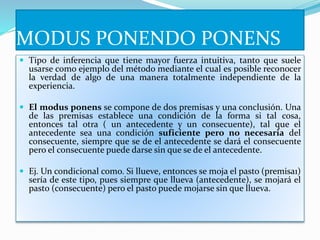 MODUS PONENDO PONENS
 Tipo de inferencia que tiene mayor fuerza intuitiva, tanto que suele
usarse como ejemplo del método mediante el cual es posible reconocer
la verdad de algo de una manera totalmente independiente de la
experiencia.
 El modus ponens se compone de dos premisas y una conclusión. Una
de las premisas establece una condición de la forma si tal cosa,
entonces tal otra ( un antecedente y un consecuente), tal que el
antecedente sea una condición suficiente pero no necesaria del
consecuente, siempre que se de el antecedente se dará el consecuente
pero el consecuente puede darse sin que se de el antecedente.
 Ej. Un condicional como. Si llueve, entonces se moja el pasto (premisa1)
sería de este tipo, pues siempre que llueva (antecedente), se mojará el
pasto (consecuente) pero el pasto puede mojarse sin que llueva.
 