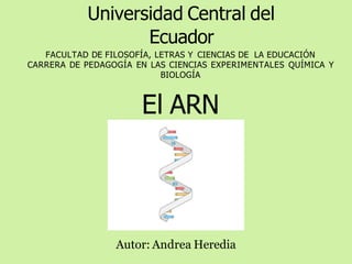 Universidad Central del
Ecuador
FACULTAD DE FILOSOFÍA, LETRAS Y CIENCIAS DE LA EDUCACIÓN
CARRERA DE PEDAGOGÍA EN LAS CIENCIAS EXPERIMENTALES QUÍMICA Y
BIOLOGÍA
El ARN
Autor: Andrea Heredia
 
