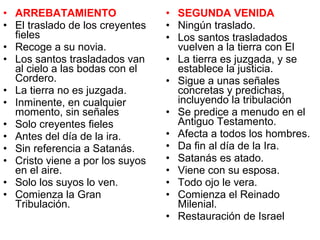• ARREBATAMIENTO
• El traslado de los creyentes
fieles
• Recoge a su novia.
• Los santos trasladados van
al cielo a las bodas con el
Cordero.
• La tierra no es juzgada.
• Inminente, en cualquier
momento, sin señales
• Solo creyentes fieles
• Antes del día de la ira.
• Sin referencia a Satanás.
• Cristo viene a por los suyos
en el aire.
• Solo los suyos lo ven.
• Comienza la Gran
Tribulación.
• SEGUNDA VENIDA
• Ningún traslado.
• Los santos trasladados
vuelven a la tierra con El
• La tierra es juzgada, y se
establece la justicia.
• Sigue a unas señales
concretas y predichas,
incluyendo la tribulación
• Se predice a menudo en el
Antiguo Testamento.
• Afecta a todos los hombres.
• Da fin al día de la Ira.
• Satanás es atado.
• Viene con su esposa.
• Todo ojo le vera.
• Comienza el Reinado
Milenial.
• Restauración de Israel
 