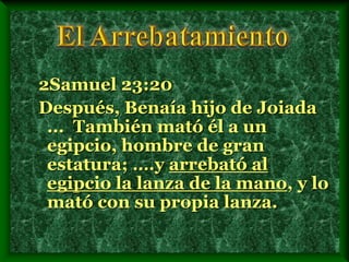 2Samuel 23:20
Después, Benaía hijo de Joiada
... También mató él a un
egipcio, hombre de gran
estatura; ….y arrebató al
egipcio la lanza de la mano, y lo
mató con su propia lanza.
 