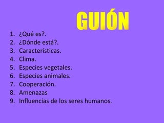 ¿Qué es?. ¿Dónde está?. Características. Clima. Especies vegetales. Especies animales. Cooperación. Amenazas Influencias de los seres humanos. GUIÓN 