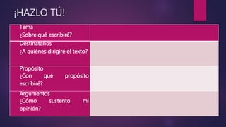 ¡HAZLO TÚ!
Tema
¿Sobre qué escribiré?
Destinatarios
¿A quiénes dirigiré el texto?
Propósito
¿Con qué propósito
escribiré?
Argumentos
¿Cómo sustento mi
opinión?
 