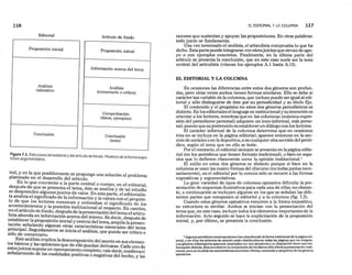 116
Editorial
Proposición inicial
Análisis
valorativo
Conclusión
Artículo de fondo
Proposición inicial
Información acerca del tema
Análisis
(comentario o crítica)
Comprobación
(datos, ejemplos)
Conclusión
(tesis)
Figura 7.1. Estructura del editorial ydel artículo de fondo. Modelos de la forma expo-
sltlvo-argumentatlva.
tral, y en la que posiblemente se proponga una solución al problema
planteado en el desarrollo del artículo.
En lo que concierne a la parte central o cuerpo en el editorial
después de que se presenta el tema, éste se analiza'y de tal estudi~
se des~rende~ a~gunosjuicios de valor. En esta parte, el editorialis-
ta anahza el sIgmficado de la información y la valora con el propósi-
to de ql!e !os lectores conozcan y entiendan el significado de los
aconteCimIentos y la posición institucional al respecto. En cambio
~n~l a:;tículo de.fondo, d~spués de la presentación del tema el articu~
IS a unda en mformaCIón acerca del mismo. Es decir después de
est?-blece: la proposición inicial y central del tema, ampUa la presen-
ta7IÓ~ senalan~o algunas .o!r~. características esenciales del tema
pórlillCdIPal. Segwd;~.mente se InlCIa el análisis, que puede ser crítico o
s o e comentano.
Es~e análisis in:p~ica la descomposición del asunto en sus'elemen-
tos b~sl~~s y las opilllones que de ello puedan derivarse. Cada uno de
estosJUl~IOS supone un ra~onamiento completo; vale decir, conllevael
sefíalarmento de las cuahdades positivas o negativas del hecho, y las
EL EDITORIAL Y LA COLUMNA 117
razones que sustentan y apoyan las proposiciones. En otras palabras:
todo juicio se fundamenta.
Una vez terminado el análisis, el articulista comprueba lo que ha
dicho. Esta parte puede integrarse con otrosjuicios que sirvan de apo-
yo o con ejemplos concretos. Finalmente, en la última parte del
artículo se presenta la conclusión, que en este caso suele ser la tesis
central del articulista (véanse los ejemplos A.I hasta A.13).
EL EDITORIAL Y LA COLUMNA
En ocasiones las diferencias entre estos dos género~ son profun-
das, pero otras veces ambos tienen formas similares. Ello se debe al
carácter tan variable de la columna, que incluso puede ser igual al edi-
torial y sólo distinguirse de éste por su periodicidad y su título fljo.
El contenido y el propósito en estos dos géneros periodísticos es
distinto. En los editoriales el lenguajees institucional y su intención es
orientar a los lectores, mientras que en las columnas (máxima expre-
sión del periodismo personal) adquiere un tono informal, más perso-
nal, puesto que su pretensión es establecerun diálogo con los lectores.
El carácter informal de la columna determina que en ocasiones
ésta no se incluya en la página editorial; aparece entonces en la sec-
ción de sociales o en la deportiva; o en cualquier otrp. sección del perió-
dico, según el tema que en ella se trate.
Por el contrario, el editorial siempre se presenta en la página edito-
rial (en los periódicos que tienen formato tradicional), o bien en espa-
cios que 10 deflenen claramente como la opinión institucional. 1
El estilo en estos dos géneros es distinto porque si bien en la
columna se usan las cuatro formas del discurso (no todas juntas nece-
sariamente), en el editorial por lo común sólo se recurre a las formas
expositivas y argumentativas.
La gran variedad de tipos de columna opinativa dificulta la pre-
sentación de esquemas ilustrativos para cada una de ellas; no obstan-
te, a continuación se incluyen algunos en los que se señalan las dife-
rentes partes que componen al editorial ya la columna (fig. 7.2).
Cuando estos géneros opinativos recurren a la forma expositiva,
su estructura es similar. Ambos se inician con la presentación del
tema que, en este caso, incluye todos los elementos importantes de la
información. Acto seguido se hace la explicitación de la proposición
inicial, y, por último, se presenta la conclusión.
J Algunos periódicos contemporáneos han abandonado la forma tradicional de la página edi-
torial, y en ellos los artlculos de opinión están distribuidos en todas las páginas que los lntegran.
Los géneros informativos aparecen m~zclados con los opinativos y su disposición tiene una con-
formación distinta.Esta novedad en la composición de los diarios sólo afecta la presentación trad i-
clonal, pero no invalida lascaracterlslicas esenciales (forma, contenidoy propósito) de losgéneros
opinativos.
 