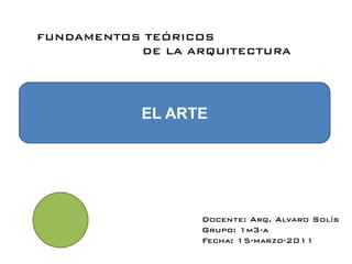 FUNDAMENTOS TEÓRICOS
           DE LA ARQUITECTURA




           EL ARTE




                  Docente: Arq. Alvaro Solís
                  Grupo: 1m3-a
                  Fecha: 15-marzo-2011
 