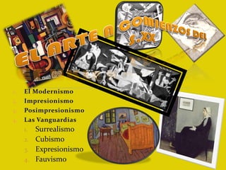 1.   El Modernismo
2.   Impresionismo
3.   Posimpresionismo
4.   Las Vanguardias
     1. Surrealismo
     2. Cubismo
     3. Expresionismo
     4. Fauvismo
 