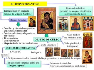 EL ICONO BIZANTINO
Representación sagrada
(cristo, la Virgen, Santos..)
Representación sagrada
(cristo, la Virgen, Santos..)
Pintura de caballete
(portátil) o cualquier otra técnica
sobre un soporte móvil
Pintura de caballete
(portátil) o cualquier otra técnica
sobre un soporte móvil
OBJETO DE CULTOOBJETO DE CULTO
Valor místico
(se reza ante ellos)
Valor místico
(se reza ante ellos)
Valor profiláctico
(milagroso)
Valor profiláctico
(milagroso)Culto idolátricoCulto idolátrico
LUCHAS ICONOCLASTASLUCHAS ICONOCLASTAS
Se fijan unos modelos (autenticidad) que garantizan la santidad de la imagenSe fijan unos modelos (autenticidad) que garantizan la santidad de la imagen
El icono será venerado como una
“imagen sagrada”
El icono será venerado como una
“imagen sagrada”
Rasgos formalesRasgos formales
- Sencillez y claridad compositiva
- Expresiones idealizadas
- Sentido del ritmo y elegancia en
las figuras
- Rico colorismo
- Viva iluminación
- Congelamiento de cierto clasicismo
Mantenimiento de las
Convenciones formales y estilísticas
Mantenimiento de las
Convenciones formales y estilísticas
Da lugar aS. VIII-IX
despuésdespués
 