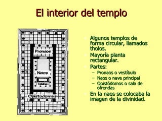 El interior del templo Algunos templos de forma circular, llamados tholos. Mayoría planta rectangular. Partes: Pronaos o vestíbulo Naos o nave principal Opistódomos o sala de ofrendas En la naos se colocaba la imagen de la divinidad. 
