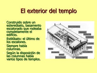 El exterior del templo Construido sobre un estereóbato, basamento escalonado que rodeaba completamente el edificio. Estilóbato: el último de los escalones. Siempre había columnas. Según la disposición de las columnas había varios tipos de templos. 