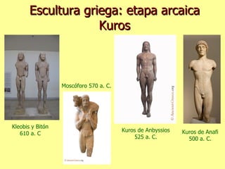 Escultura griega: etapa arcaica Kuros Kleobis y Bitón 610 a. C Moscóforo 570 a. C. Kuros de Anbyssios 525 a. C. Kuros de Anafi 500 a. C. 