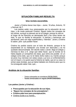 GUIA MODELO: EL ARTE DE ENSEÑAR A AMAR               26




               SITUACIÓN FAMILIAR RESUELTA

                     Una revista escondida.

       Javier y Cristina tienen tres hijos – Javier, 16 años, Antonio, 10
  y Samuel, de 7.
       Los padres están muy preocupados por la educación de sus
  hijos, y de modo particular Cristina. Siguen todos los consejos de
  los tutores, aunque no piensan así en el colegio, porque la vida en
  el hogar de los Ramírez es demasiado fácil y los niños tienen de
  todo, lo que no facilita la educación. A trancas y barrancas van
  aprobando, pero son algo superficiales y “blandos”. Javier y Cristina
  lo saben, pero qué pueden hacer.

  Cristina ha pedido tutoría con el tutor de Antonio, porque le ha
  sorprendido en su habitación una revista con desnudos y se ha
  quedado desconcertada. Sin decirle nada a Javier, llega al colegio y
  nerviosa le dice a D. Jorge qué debe hacer, que la revista se la
  había dejado un compañero de clase, que cómo era posible en un
  colegio como éste, que no le había dicho nada a su marido porque
  se pone muy nervioso con estas cosas y ya tuvo un enfrentamiento
  con el mayor y no quiere que la historia se repita, que en su casa no
  entran esas revistas, que ya había hablado con Antonio pero que no
  ha conseguido saber más, qué...


Análisis de la situación familiar.

                 - Textos subrayados se consideran PROBLEMAS.
                 - Textos enmarcados en negrita OPORTUNIDADES.


Los padres (Javier y Cristina) :

  ♦   Preocupados por la educación de sus hijos.
  ♦   “Siguen los consejos de los preceptores”.
  ♦   Cristina pide hora para preceptuación.
  ♦   Cristina oculta a su marido...
 