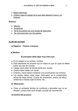 GUIA MODELO: EL ARTE DE ENSEÑAR A AMAR            28




  ♦ Madre alarmista.
  ♦ Cristina culpa al colegio de lo que ellos debieron hacer y no
    hicieron.

Antonio:

  ♦   Blando.
  ♦   Superficial.
  ♦   Se le encuentra con una revista de desnudos.
  ♦   No comunica bien con los padres.



PLAN DE ACCIÓN:

  a) Objetivo: Formar a Antonio.


  b) Medios:

               El preceptor debe dejar muy claro que:

  ♦ En el colegio no se venden revistas.
  ♦ Está totalmente de acuerdo con la madre en que en casa no deben
    entrar ese tipo de revistas.
  ♦ Indagar para saber de donde partió esa revista.
  ♦ Cristina debe hablar con Javier.
  ♦ Cristina y Javier deben mantener una conversación con Antonio.
  ♦ Los padres deben estar mejor informados de la problemática
    actual de estos temas: Cursos de orientación, lectura de libros,
    asistencia a charlas sobre el tema etc.…

  d) Motivación:

  ♦ Crear un ambiente familiar de confianza y demostrar que no se
    asustan, porque todo tiene arreglo y puede ser reconducido.

  d) Control del proceso:
 