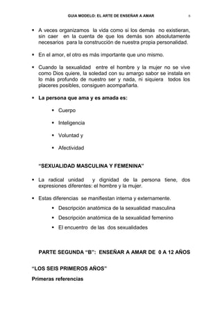 GUIA MODELO: EL ARTE DE ENSEÑAR A AMAR           6


 A veces organizamos la vida como si los demás no existieran,
  sin caer en la cuenta de que los demás son absolutamente
  necesarios para la construcción de nuestra propia personalidad.

 En el amor, el otro es más importante que uno mismo.

 Cuando la sexualidad entre el hombre y la mujer no se vive
  como Dios quiere, la soledad con su amargo sabor se instala en
  lo más profundo de nuestro ser y nada, ni siquiera todos los
  placeres posibles, consiguen acompañarla.

 La persona que ama y es amada es:

         Cuerpo

         Inteligencia

         Voluntad y

         Afectividad


  “SEXUALIDAD MASCULINA Y FEMENINA”

 La radical unidad      y dignidad de la persona tiene, dos
  expresiones diferentes: el hombre y la mujer.

 Estas diferencias se manifiestan interna y externamente.
         Descripción anatómica de la sexualidad masculina
         Descripción anatómica de la sexualidad femenino
         El encuentro de las dos sexualidades



  PARTE SEGUNDA “B”: ENSEÑAR A AMAR DE 0 A 12 AÑOS


“LOS SEIS PRIMEROS AÑOS”
Primeras referencias
 