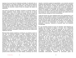 expresa el uso que hace de máscaras animales, la adoración de un          natural y normal de superar la separatidad, y una solución parcial al
animal totémico o de dioses animales. Pero cuanto más se libera la        problema del aislamiento. Pero en muchos individuos que no pueden
raza humana de tales vínculos primarios, más intensa se torna la          aliviar de otras maneras el estado de separación, la búsqueda del
necesidad de encontrar nuevas formas de escapar del estado de             orgasmo sexual asume un carácter que lo asemeja bastante al
separación.                                                               alcoholismo o la afición a las drogas. Se convierte en un desesperado
                                                                          intento de escapar a la angustia que engendra la separatidad y
Una forma de alcanzar tal objetivo consiste en diversas clases de         provoca una sensación cada vez mayor de separación, puesto que el
estados orgiásticos. Estos pueden tener la forma de un trance             acto sexual sin amor nunca elimina el abismo que existe entre dos
autoinducido, a veces con la ayuda de drogas. Muchos rituales de          seres humanos, excepto en forma momentánea.
tribus primitivas ofrecen un vívido cuadro de ese tipo de solución. En
un estado transitorio de exaltación, el mundo exterior desaparece, y      Todas las formas de unión orgiástica tienen tres características: son
con él el sentimiento de separatidad con respecto al mismo. Puesto        intensas, incluso violentas; ocurren en la personalidad total, mente y
que tales rituales se practican en común, se agrega una experiencia       cuerpo; son transitorias y periódicas. Exactamente lo contrario ocurre
de fusión con el grupo que hace aún más efectiva esa solución. En         en esa forma de unión que está lejos de ser la solución que con
estrecha relación con la solución orgiástica, y frecuentemente unida a    mayor frecuencia eligió el hombre en el pasado y en el presente: la
ella, está la experiencia sexual. El orgasmo sexual puede producir un     unión basada en la conformidad con el grupo, sus costumbres,
estado similar al provocado por un trance o a los efectos de ciertas      prácticas y creencias. Volvemos a encontrar aquí una evolución
drogas. Los ritos de orgías sexuales comunales formaban parte de          considerable.
muchos rituales primitivos. Según parece, el hombre puede seguir
durante cierto tiempo, después de la experiencia orgiástica, sin sufrir   En una sociedad primitiva el grupo es pequeño; está integrado por
demasiado a causa de su separatidad. Lentamente, la tensión de la         aquellos que comparten la sangre y el suelo. Con el desarrollo
angustia comienza a aumentar, y disminuye otra vez por medio de la        creciente de la cultura, el grupo se extiende; se con vierte en la
repetición del ritual.                                                    ciudadanía de una polis, de un gran Estado, los miembros de una
                                                                          iglesia. Hasta el romano indigente se sentía orgulloso de poder decir
Mientras tales estados orgiásticos constituyen una práctica común en      civis romanus sum; Roma y el Imperio eran su familia, su hogar, su
una tribu, no producen angustia o culpa. Participar en ellos es           mundo. También en la sociedad occidental contemporánea la unión
correcto, e inclusive es virtuoso, puesto que constituyen una forma       con el grupo es la forma predominante de superar el estado de
compartida por todos, aprobada y exigida por los médicos brujos o los     separación. Se trata de una unión en la que el ser individual
sacerdotes; de ahí que no existan motivos para sentirse culpable o        desaparece en gran medida, y cuya finalidad es la pertenencia al
avergonzado. La situación es enteramente distinta cuando un               rebaño. Si soy como todos los demás, si no tengo sentimientos o
individuo elige esa solución en una cultura que ha dejado atrás tales     pensamientos que me hagan diferente, si me adapto en las costum-
prácticas comunes. En una cultura no orgiástica, el alcohol y las         bres, las ropas, las ideas, al patrón del grupo, estoy salvado; salvado
drogas son los medios a su disposición. En contraste con los que          de la temible experiencia dé la soledad. Los sistemas dictatoriales
participan en la solución socialmente aceptada, tales individuos          utilizan amenazas y el terror para inducir esta conformidad; los países
experimentan sentimientos de culpa y remordimiento. Tratan de             democráticos, la sugestión y la propaganda. Indudablemente, hay
escapar de la separatidad refugiándose en el alcohol o las drogas;        una gran diferencia entre los dos sistemas. En las democracias, la no
pero cuando la experiencia orgiástica concluye, se sienten más sepa-      conformidad es posible, y en realidad, no está totalmente ausente; en
rados aún, y ello los impulsa a recurrir a tal experiencia con            los sistemas totalitarios, sólo unos pocos héroes y mártires insólitos
frecuencia e intensidad crecientes. La solución orgiástica sexual         se niegan a obedecer. Pero, a pesar de esa diferencia, las
presenta leves diferencias. En cierta medida, constituye una forma        sociedades democráticas muestran un abrumador grado de

          PsiKolibro              11                                                                        12
 