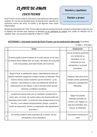 1
EL ARTE DE AMAR
ERICH FROMM
Erich Fromm no era cristiano, pero tenía unas ideas que vale la pena
analizar. En una de sus grandes obras, El arte de amar, expresa sus
opiniones acerca del amor, el instinto y de algunas otras cosas
relacionadas.
Desde aproximadamente 1930, Fromm dejó de lado las teorías de Freud y empezó a desarrollar la idea de que
el objetivo del hombre para alcanzar la felicidad no es satisfacer su instinto sino cuidar su relación con la
realidad. Esto, nos recuerda bastante a Viktor E. Frankl.
ACTIVIDAD 1. Une estos textos de Erich Fromm con la explicación adecuada (3 puntos)
(1 fallo = -0’5 ptos.)
Texto Explicación
1
El amor puede inspirar el deseo de la unión sexual; en tal caso,
la relación física hállase libre de avidez, del deseo de conquistar
o ser conquistado, pero está fundido con la ternura.
No se comporta conforme
a la verdad de su
naturaleza, no es
coherente con sus
semejantes y su propia
naturaleza.
a
2
Según Freud, la satisfacción plena y desinhibida de todos los
deseos instintivos aseguraría la salud mental y la felicidad. Pero
hechos clínicos obvios muestran que los hombres —y las
mujeres— que dedican su vida a la satisfacción sexual sin
restricciones no son felices, y que a menudo sufren graves
síntomas y conflictos neuróticos.
Estamos más cerca de la
verdad cuando aportamos
esfuerzos y perspectivas
diferentes.
b
3
La atracción sexual crea, por un momento, la ilusión de la
unión, pero, sin amor, tal «unión» deja a los desconocidos tan
separados como antes —a veces los hace avergonzarse el uno
del otro, o aun odiarse recíprocamente, porque, cuando la
ilusión se desvanece, sienten su separación más agudamente
que antes—.
Seguir los propios
institutos animales sin
control y con 'alegría' no
sólo da la felicidad, sino,
incluso, la infelicidad.
c
4
El hombre moderno está enajenado de sí mismo, de sus
semejantes y de la naturaleza.
Sexualidad movida por el
amor
d
Nombre y apellidos:
______________________
Equipo y grupo:
____________________
 