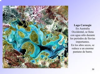 39 
Lago CarnegieEn Australia Occidental, se llena con agua sólo durante los períodos de lluvias importantes. En los años secos, se reduce a un enorme pantano de barro.  