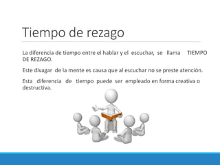 Tiempo de rezago
La diferencia de tiempo entre el hablar y el escuchar, se llama
DE REZAGO.

TIEMPO

Este divagar de la mente es causa que al escuchar no se preste atención.
Esta diferencia de tiempo puede ser empleado en forma creativa o
destructiva.

 