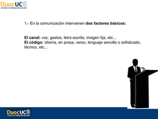 1.- En la comunicación intervienen dos factores básicos:


El canal: voz, gestos, letra escrita, imagen fija, etc...
El código: idioma, en prosa, verso, lenguaje sencillo o sofisticado,
técnico, etc...
 