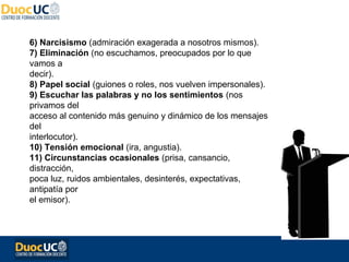 6) Narcisismo (admiración exagerada a nosotros mismos).
7) Eliminación (no escuchamos, preocupados por lo que
vamos a
decir).
8) Papel social (guiones o roles, nos vuelven impersonales).
9) Escuchar las palabras y no los sentimientos (nos
privamos del
acceso al contenido más genuino y dinámico de los mensajes
del
interlocutor).
10) Tensión emocional (ira, angustia).
11) Circunstancias ocasionales (prisa, cansancio,
distracción,
poca luz, ruidos ambientales, desinterés, expectativas,
antipatía por
el emisor).
 