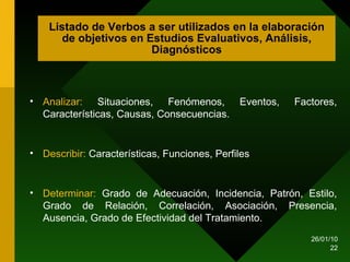 Listado de Verbos a ser utilizados en la elaboración de objetivos en Estudios Evaluativos, Análisis, Diagnósticos Analizar:  Situaciones, Fenómenos, Eventos, Factores, Características, Causas, Consecuencias. Describir:  Características, Funciones, Perfiles Determinar:  Grado de Adecuación, Incidencia, Patrón, Estilo, Grado de Relación, Correlación, Asociación, Presencia, Ausencia, Grado de Efectividad del Tratamiento.  