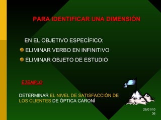 PARA IDENTIFICAR UNA DIMENSIÓN EN EL OBJETIVO ESPECÍFICO: ELIMINAR VERBO EN INFINITIVO ELIMINAR OBJETO DE ESTUDIO EJEMPLO DETERMINAR  EL NIVEL DE SATISFACCIÓN DE LOS CLIENTES  DE ÓPTICA CARONÍ   