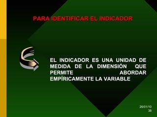 PARA IDENTIFICAR EL INDICADOR EL INDICADOR ES UNA UNIDAD DE MEDIDA DE LA DIMENSIÓN  QUE PERMITE ABORDAR EMPÍRICAMENTE LA VARIABLE 
