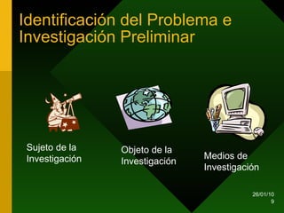 Identificación del Problema e Investigación Preliminar Sujeto de la Investigación Objeto de la Investigación Medios de Investigación 