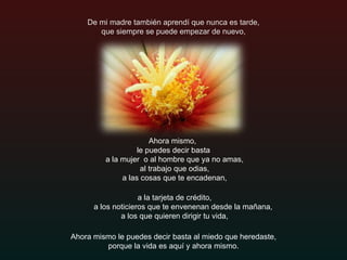 De mi madre también aprendí que nunca es tarde,   que siempre se puede empezar de nuevo,     a la tarjeta de crédito,    a los noticieros que te envenenan desde la mañana,   a los que quieren dirigir tu vida, Ahora mismo,  le puedes decir basta a la mujer  o al hombre que ya no amas,   al trabajo que odias,   a las cosas que te encadenan,   Ahora mismo le puedes decir basta al miedo que heredaste,  porque la vida es aquí y ahora mismo. 