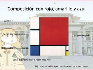 Composición con rojo, amarillo y azul
¿Qué es?

No hay casi nada que ver

¿Dibuja con regla?

¿Este cuadro representa algo?

Quizá el pintor no sabía hacer nada más
Rojo, azul, amarillo: ¿por qué pinta solo esos tres colores?

 