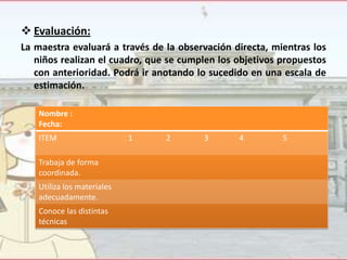  Evaluación:
La maestra evaluará a través de la observación directa, mientras los
niños realizan el cuadro, que se cumplen los objetivos propuestos
con anterioridad. Podrá ir anotando lo sucedido en una escala de
estimación.
Nombre :
Fecha:
ITEM

Trabaja de forma
coordinada.
Utiliza los materiales
adecuadamente.
Conoce las distintas
técnicas

1

2

3

4

5

 