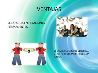 VENTAJAS

SE ESTABLECEN RELACIONES
PERMANENTES




                           SE CAMBIA LA MIRA DE VENCER AL
                           OTRO, POR SUPERAR EL PROBLEMA
                           JUNTOS.
 