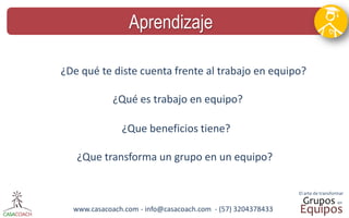 www.casacoach.com - info@casacoach.com - (57) 3204378433 
Aprendizaje 
¿De qué te diste cuenta frente al trabajo en equipo? 
¿Qué es trabajo en equipo? 
¿Que beneficios tiene? 
¿Que transforma un grupo en un equipo?  