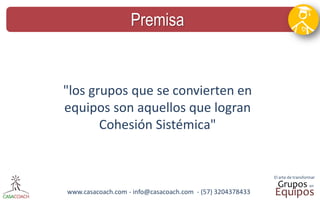 www.casacoach.com - info@casacoach.com - (57) 3204378433 
Premisa 
"los grupos que se convierten en equipos son aquellos que logran Cohesión Sistémica"  
