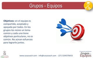 www.casacoach.com - info@casacoach.com - (57) 3204378433 
Grupos - Equipos 
Objetivos: en el equipo es compartido, aceptado y apoyado por todos. En los grupos los reúne un tema común y cada uno tiene objetivos particulares, no es común. No aúnan esfuerzos para lograrlo juntos.  