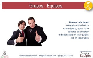 www.casacoach.com - info@casacoach.com - (57) 3204378433 
Grupos - Equipos 
Buenas relaciones: comunicación directa, camaradería, buen trato, ponerse de acuerdo: indispensable en los equipos, no en los grupos.  