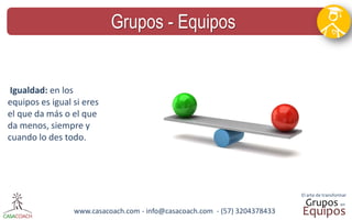 www.casacoach.com - info@casacoach.com - (57) 3204378433 
Grupos - Equipos 
Igualdad: en los equipos es igual si eres el que da más o el que da menos, siempre y cuando lo des todo.  