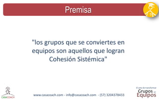 www.casacoach.com - info@casacoach.com - (57) 3204378433 
Premisa 
"los grupos que se conviertes en equipos son aquellos que logran Cohesión Sistémica"  