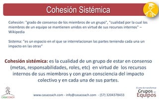www.casacoach.com - info@casacoach.com - (57) 3204378433 
Cohesión Sistémica 
Cohesión: "grado de consenso de los miembros de un grupo", "cualidad por la cual los miembros de un equipo se mantienen unidos en virtud de sus recursos internos" – Wikipedia 
Sistema: "es un espacio en el que se interrelacionan las partes teniendo cada una un impacto en las otras“ 
Cohesión sistémica: es la cualidad de un grupo de estar en consenso (metas, responsabilidades, roles, etc) en virtud de los recursos internos de sus miembros y con gran consciencia del impacto colectivo y en cada una de sus partes.  