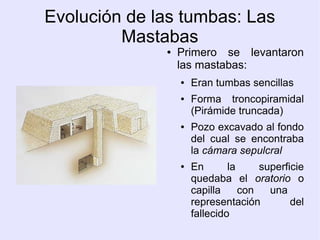 Evolución de las tumbas: Las 
Mastabas 
● Primero se levantaron 
las mastabas: 
● Eran tumbas sencillas 
● Forma troncopiramidal 
(Pirámide truncada) 
● Pozo excavado al fondo 
del cual se encontraba 
la cámara sepulcral 
● En la superficie 
quedaba el oratorio o 
capilla con una 
representación del 
fallecido 
 