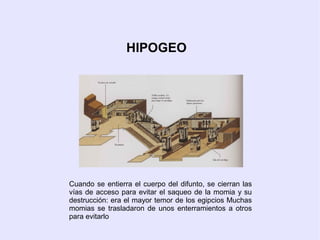 HIPOGEO 
Cuando se entierra el cuerpo del difunto, se cierran las 
vías de acceso para evitar el saqueo de la momia y su 
destrucción: era el mayor temor de los egipcios Muchas 
momias se trasladaron de unos enterramientos a otros 
para evitarlo 
 
