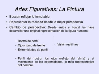 Artes Figurativas: La Pintura 
● Buscan reflejar lo inmutable. 
● Representar la realidad desde la mejor perspectiva 
● Cambio de perspectiva: Desde arriba y frontal les hace 
desarrollar una original representación de la figura humana: 
– Rostro de perfil 
– Ojo y torso de frente 
– Extremidades de perfil 
Visión rectilínea 
– Perfil del rostro, los ojos (reflejo del alma) y el 
movimiento de las extremidades, lo más representativo 
del hombre 
 