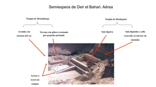 Semiespeos de Deir el Bahari. Aérea
Acceso a
través de
rampas
Sala hipetra Sala hipóstila y cella
excavada en interior de
montaña
Templo de Mentuhotep) Templo de Hatshepsut
Avenida con
estatuas del rey
Terraza con pilares coronado
por pequeña pirámide
 