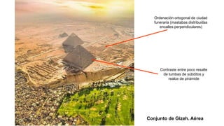 Ordenación ortogonal de ciudad
funeraria (mastabas distribuidas
encalles perpendiculares)
Contraste entre poco resalte
de tumbas de súbditos y
realce de pirámide
Conjunto de Gizeh. Aérea
 