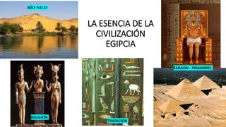 LA ESENCIA DE LA
CIVILIZACIÓN
EGIPCIA
RÍO NILO
FARAON - PIRAMIDES
RELIGIÓN
TRADICIÓN
 
