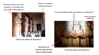 Interior de espeo de Ramsès II
Seis colosos osiriacos con el rostro
de Ramses y los atributos reales
(ureus, doble corona, flagelo, etc.)
Relieves con campañas
militares de Ramsés II
Iluminación con
primeros rayos del 20 de
febrero y 20 de octubre
Sancta sanctorum,
capilla final
Las cuatro divinidades: Ptah, Amón, Ramsés I y Re-HorakhteI
Fondo de espeo de Ramses II
 