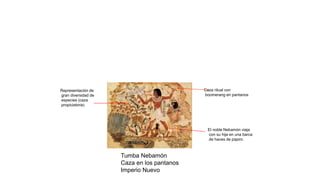 Tumba Nebamón
Caza en los pantanos
Imperio Nuevo
Caza ritual con
boomerang en pantanos
El noble Nebamón viaja
con su hija en una barca
de haces de papiro
Representación de
gran diversidad de
especies (caza
propiciatoria)
 