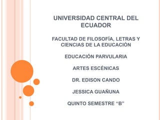 UNIVERSIDAD CENTRAL DEL
ECUADOR
FACULTAD DE FILOSOFÍA, LETRAS Y
CIENCIAS DE LA EDUCACIÓN
EDUCACIÓN PARVULARIA
ARTES ESCÉNICAS
DR. EDISON CANDO
JESSICA GUAÑUNA
QUINTO SEMESTRE “B”
 