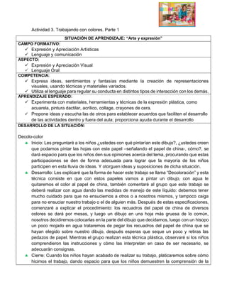 Actividad 3. Trabajando con colores. Parte 1
SITUACIÓN DE APRENDIZAJE: “Arte y expresión”
CAMPO FORMATIVO:
 Expresión y Apreciación Artísticas
 Lenguaje y comunicación
ASPECTO:
 Expresión y Apreciación Visual
 Lenguaje Oral
COMPETENCIA:
 Expresa ideas, sentimientos y fantasías mediante la creación de representaciones
visuales, usando técnicas y materiales variados.
 Utiliza el lenguaje para regular su conducta en distintos tipos de interacción con los demás.
APRENDIZAJE ESPERADO:
 Experimenta con materiales, herramientas y técnicas de la expresión plástica, como
acuarela, pintura dactilar, acrílico, collage, crayones de cera.
 Propone ideas y escucha las de otros para establecer acuerdos que faciliten el desarrollo
de las actividades dentro y fuera del aula; proporciona ayuda durante el desarrollo
DESARROLLO DE LA SITUACIÓN:
Decolo-color
 Inicio: Les preguntaré a los niños ¿ustedes con qué pintarían este dibujo?, ¿ustedes creen
que podamos pintar las hojas con este papel –señalando el papel de china-, cómo?, se
dará espacio para que los niños den sus opiniones acerca del tema, procurando que estas
participaciones se den de forma adecuada para lograr que la mayoría de los niños
participen en esta lluvia de ideas. Y otorguen ideas y suposiciones de dicha situación.
 Desarrollo: Les explicaré que la forma de hacer este trabajo se llama “Decoloración” y esta
técnica consiste en que con estos papeles vamos a pintar un dibujo, con agua le
quitaremos el color al papel de china, también comentaré al grupo que este trabajo se
deberá realizar con agua dando las medidas de manejo de este líquido: debemos tener
mucho cuidado para que no ensuciemos a otros o a nosotros mismos, y tampoco caiga
para no ensuciar nuestro trabajo o el de alguien más. Después de estas especificaciones,
comenzaré a explicar el procedimiento: los recuadros del papel de china de diversos
colores se dará por mesas, y luego un dibujo en una hoja más gruesa de lo común,
nosotros decidiremos colocarlas en la parte del dibujo que decidamos, luego con un hisopo
un poco mojado en agua trataremos de pegar los recuadros del papel de china que se
hayan elegido sobre nuestro dibujo, después esperas que seque un poco y retiras las
pedazos de papel. Mientras el grupo realizan esta técnica plástica, observaré si los niños
comprendieron las instrucciones y cómo las interpretan en caso de ser necesario, se
adecuarán consignas.
 Cierre: Cuando los niños hayan acabado de realizar su trabajo, platicaremos sobre cómo
hicimos el trabajo, dando espacio para que los niños demuestren la comprensión de la
 