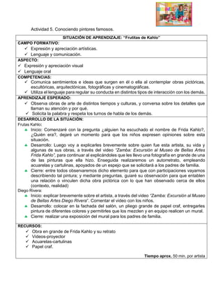 Actividad 5. Conociendo pintores famosos.
SITUACIÓN DE APRENDIZAJE: “Frutitas de Kahlo”
CAMPO FORMATIVO:
 Expresión y apreciación artísticas.
 Lenguaje y comunicación.
ASPECTO:
 Expresión y apreciación visual
 Lenguaje oral
COMPETENCIAS:
 Comunica sentimientos e ideas que surgen en él o ella al contemplar obras pictóricas,
escultóricas, arquitectónicas, fotográficas y cinematográficas.
 Utiliza el lenguaje para regular su conducta en distintos tipos de interacción con los demás.
APRENDIZAJE ESPERADO:
 Observa obras de arte de distintos tiempos y culturas, y conversa sobre los detalles que
llaman su atención y por qué.
 Solicita la palabra y respeta los turnos de habla de los demás.
DESARROLLO DE LA SITUACIÓN:
Frutas Kahlo:
 Inicio: Comenzaré con la pregunta ¿alguien ha escuchado el nombre de Frida Kahlo?,
¿Quién era?, dejaré un momento para que los niños expresen opiniones sobre esta
situación.
 Desarrollo: Luego voy a explicarles brevemente sobre quien fue esta artista, su vida y
algunas de sus obras, a través del video “Zamba: Excursión al Museo de Bellas Artes
Frida Kahlo”, para continuar al explicándoles que les llevo una fotografía en grande de una
de las pinturas que ella hizo. Enseguida realizaremos un autorretrato, empleando
acuarelas y cartulinas, apoyados de un espejo que se solicitará a los padres de familia.
 Cierre: entre todos observaremos dicho elemento para que con participaciones vayamos
describiendo tal pintura; y mediante preguntas, guiaré su observación para que entablen
una relación o vinculen dicha obra pictórica con lo que han observado cerca de ellos
(contexto, realidad)
Diego Rivera:
 Inicio: explicar brevemente sobre el artista, a través del video “Zamba: Excursión al Museo
de Bellas Artes Diego Rivera”. Comentar el video con los niños.
 Desarrollo: colocar en la fachada del salón, un pliego grande de papel craf, entregarles
pintura de diferentes colores y permitirles que los mezclen y en equipo realicen un mural.
 Cierre: realizar una exposición del mural para los padres de familia.
RECURSOS:
 Obra en grande de Frida Kahlo y su retrato
 Videos-proyector
 Acuarelas-cartulinas
 Papel craf.
Tiempo aprox. 50 min. por artista
 